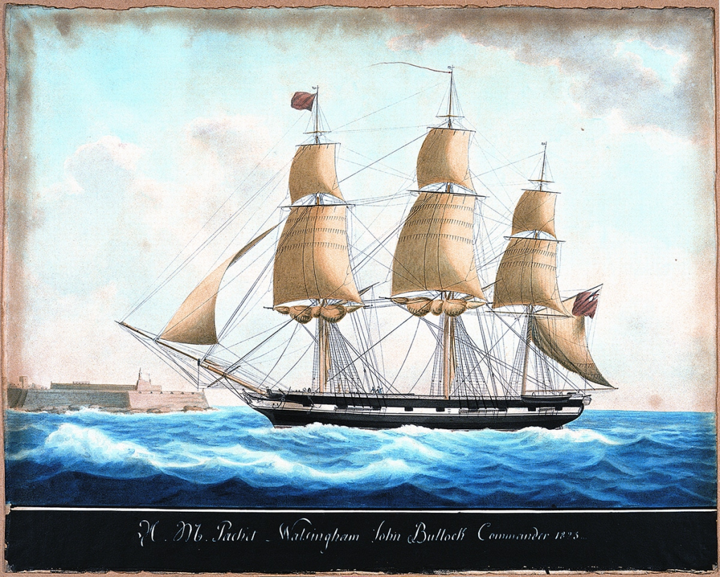 A painting of HM Packet Walsingham, Commander John Bullock, entering harbour in Malta in 1823.