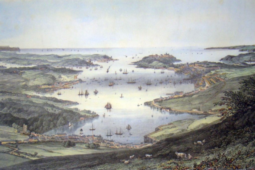 A View of Falmouth Harbour showing Falmouth on the right and Flushing on the left. Artist Unknown. Lithograph by Newman &Co. Falmouth Art Gallery.