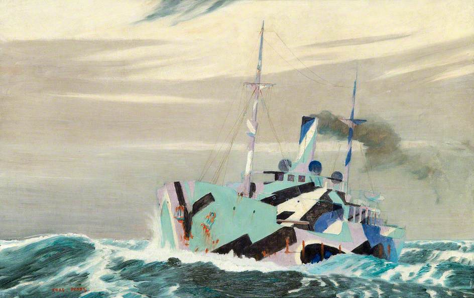 Painting of a Dazzled Merchantman in World War I by Charles Pears.