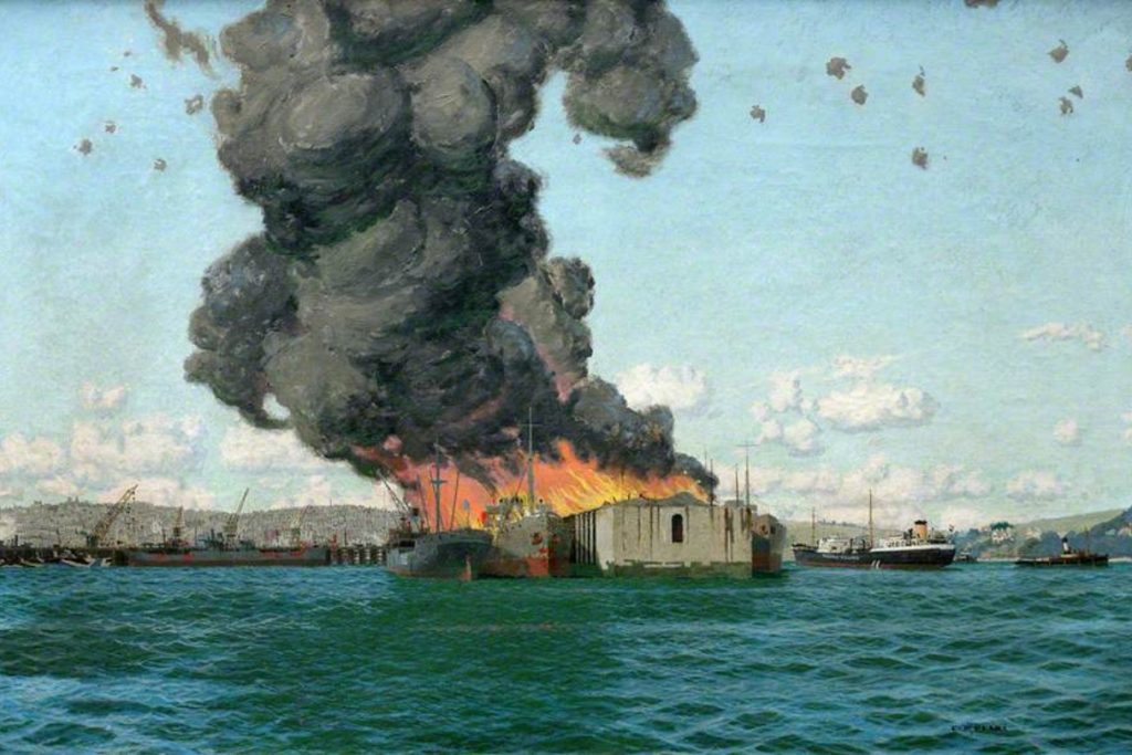 A painting of The Bombing of 'The British Chancellor by Charles Pears.