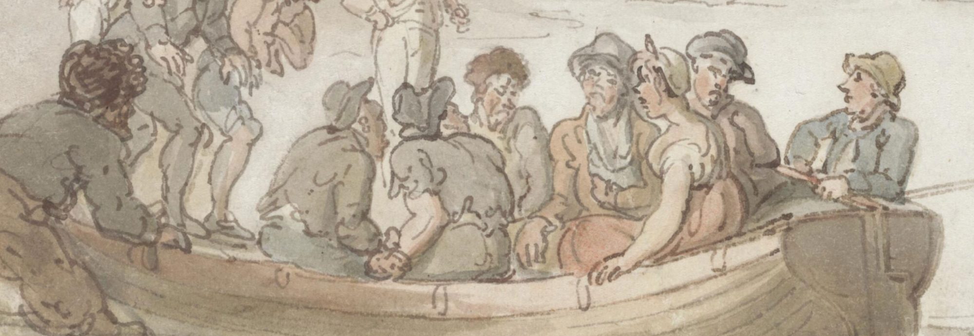 A painting of people aboard a wooden boat.