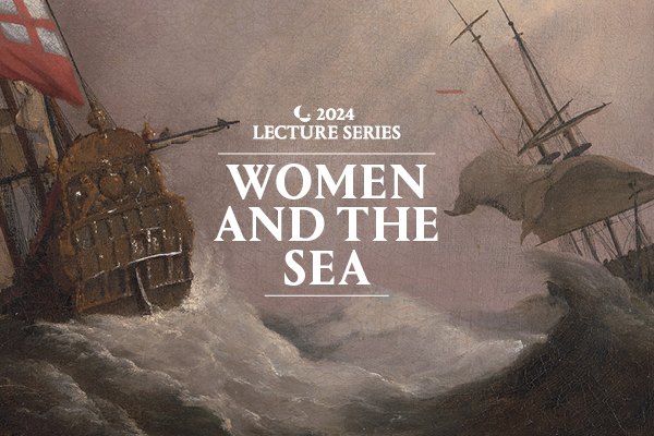 A painting of Van de Velde, an English ship in a gale at sea with the words Women and the Sea layered over the top.