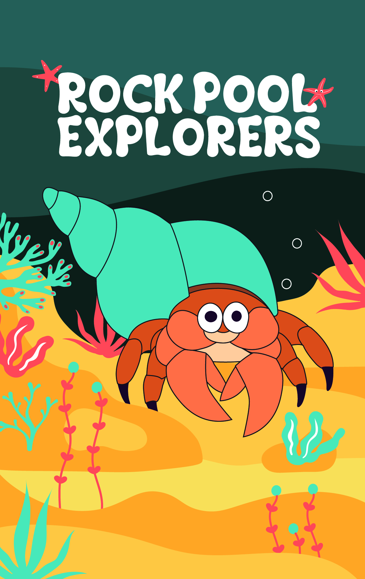 An illustration of a crab on the sea bed with the words Rock Pool Explorers above.