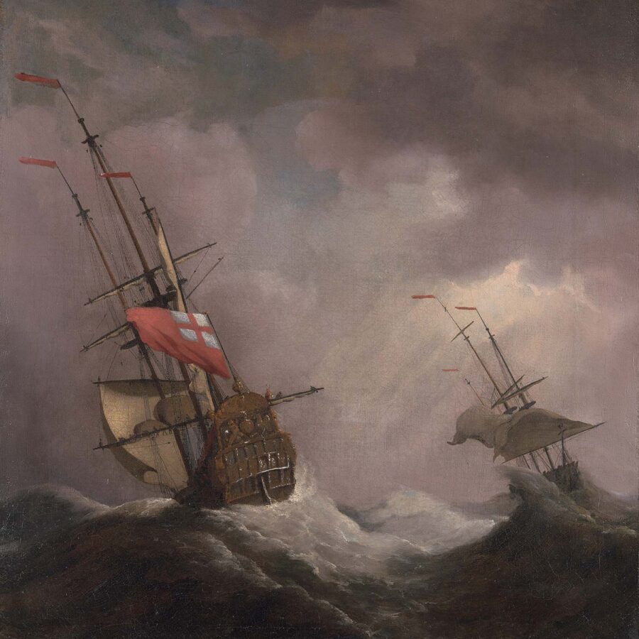 A painting of Van de Velde, an English ship in a gale at sea,