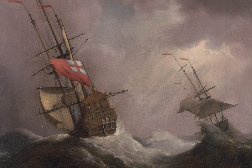 A painting of Van de Velde, an English ship in a gale at sea.