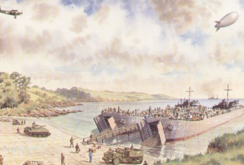 Colour postcard of a painting of Trebah Beach on the Helford River by FJ Waller. Annotated on the reverse: “The 175th Combat Team of 29th Infantry Division embarked at Trebah Beach on 1st June 1944 on LSTs (Landing Ship Tanks) to take part in the assault on Omaha Beach which was fiercely defended. From D-Day to VE Day, the Division gained a proud Record in the campaigns of Normandy, Northern France, Rhineland and Central Europe and suffered 19,814 casualties”.
