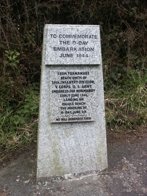 Memorial at Turnaware. It reads: “To commemorate the D-Day Embarkation June 1944 from Turnaware Beach units of 29th Infantry Division, V. Corps, US Army embarked for Normandy early June 1944 landing on Omaha Beach the morning of D-Day, June 6th”. “We will remember them”