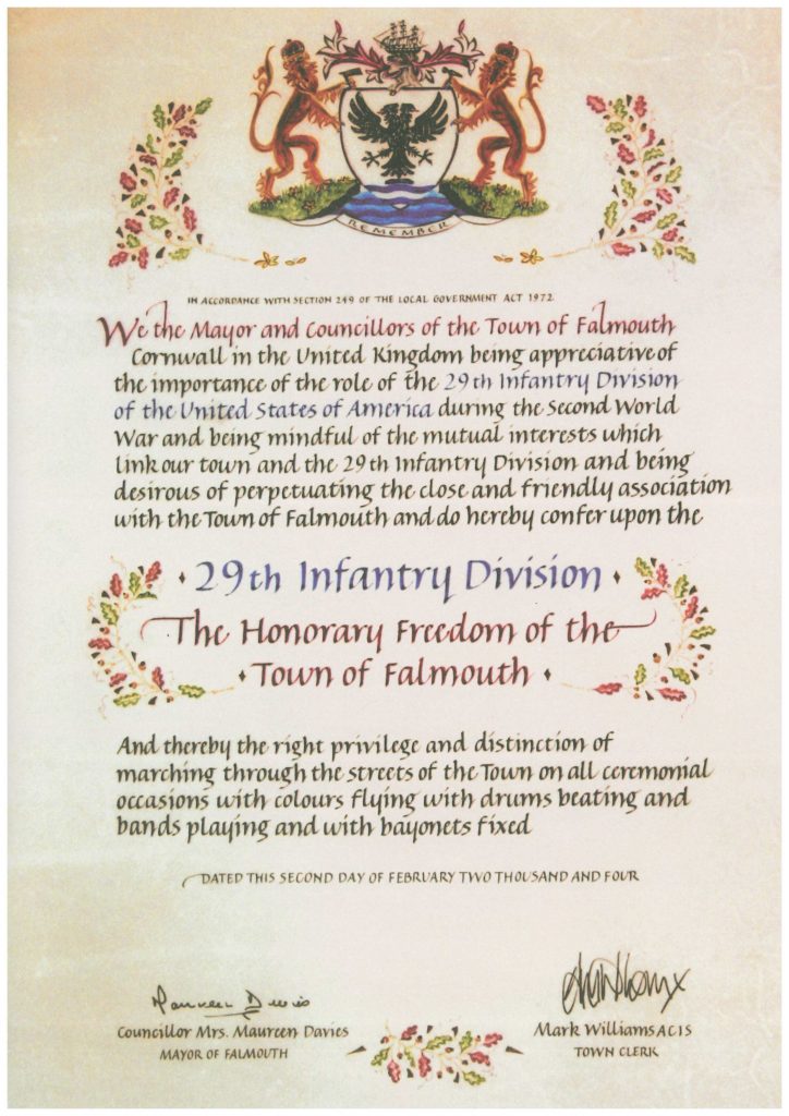 Scroll presented to the US 29th Infantry Division on 31st May 2004 conferring the Freedom of the Town of Falmouth