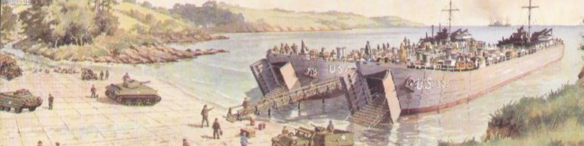 Colour postcard of a painting of Trebah Beach on the Helford River by FJ Waller. Annotated on the reverse: “The 175th Combat Team of 29th Infantry Division embarked at Trebah Beach on 1st June 1944 on LSTs (Landing Ship Tanks) to take part in the assault on Omaha Beach which was fiercely defended. From D-Day to VE Day, the Division gained a proud Record in the campaigns of Normandy, Northern France, Rhineland and Central Europe and suffered 19,814 casualties”.