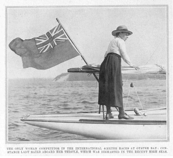 A black and white photo of Constance on Thistle during the 1924 British-American Cup races.