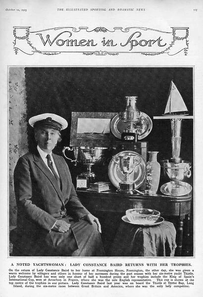 A black and white photo of Lady Constance Baird with her trophies gained with her Six Metre yacht Thistle