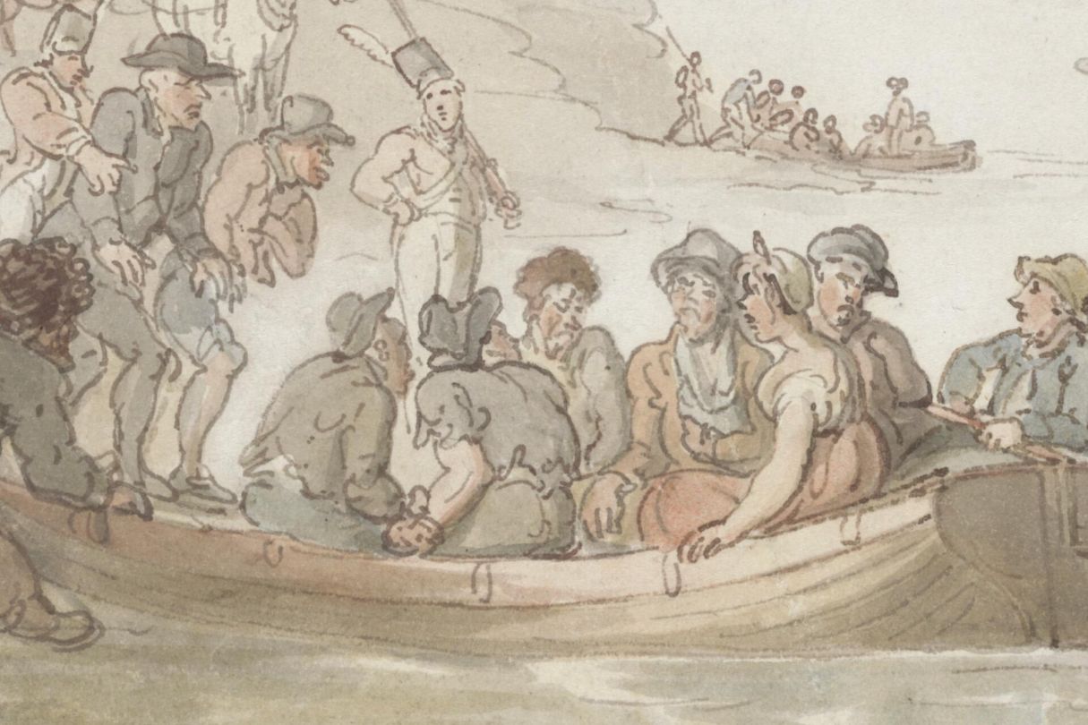 A painting of Convicts embarking for Botany Bay by Thomas Rowlandson.