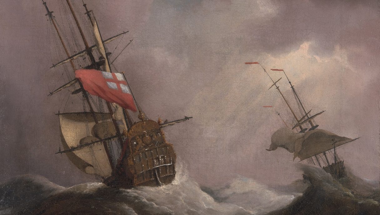 A painting of two tall ships sailing in high seas.