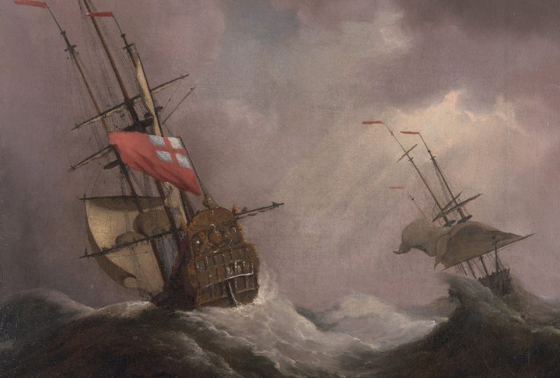 A painting of two tall ships sailing in high seas.