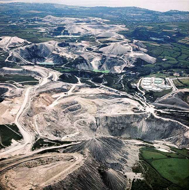 An aerial photo of China Clay Workings in St Austell, Cornwall 1974.