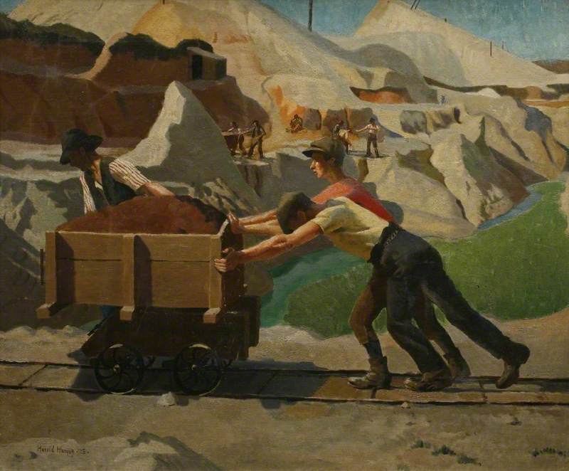 A painting of workers at a china clay pit in Cornwall pushing materials along a track.