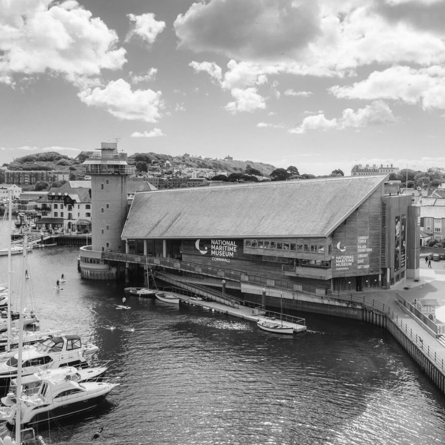 A black and white external shot of National Maritime Museum Cornwall.