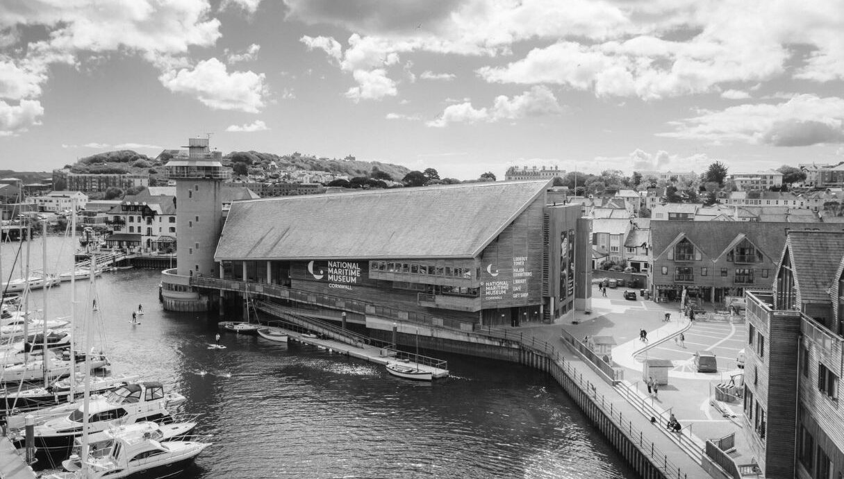 A black and white external shot of National Maritime Museum Cornwall.