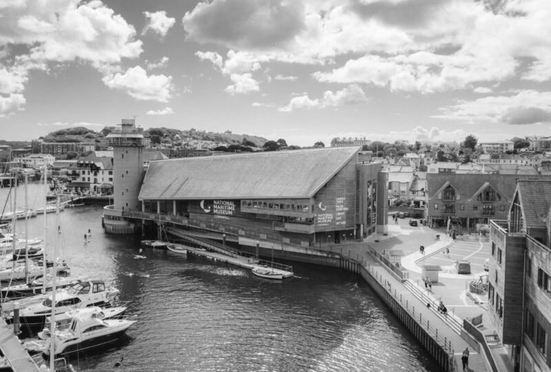 A black and white external shot of National Maritime Museum Cornwall.