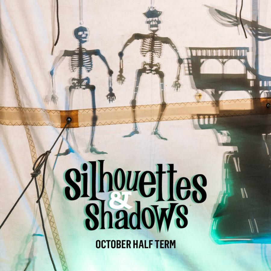 Promotional graphic for NMMC's Silhouettes & Shadows October half term show, featuring two puppet skeletons and a pirate ship.