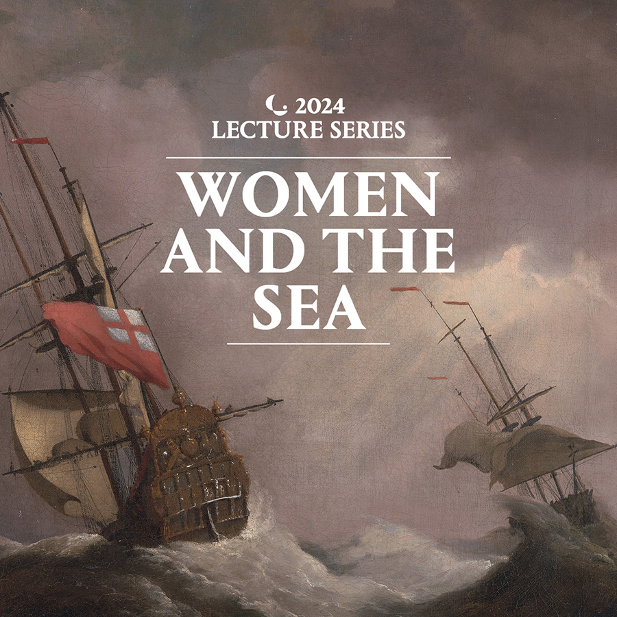 A painting of Van de Velde, an English ship in a gale at sea with the words Women and the Sea layered over the top.