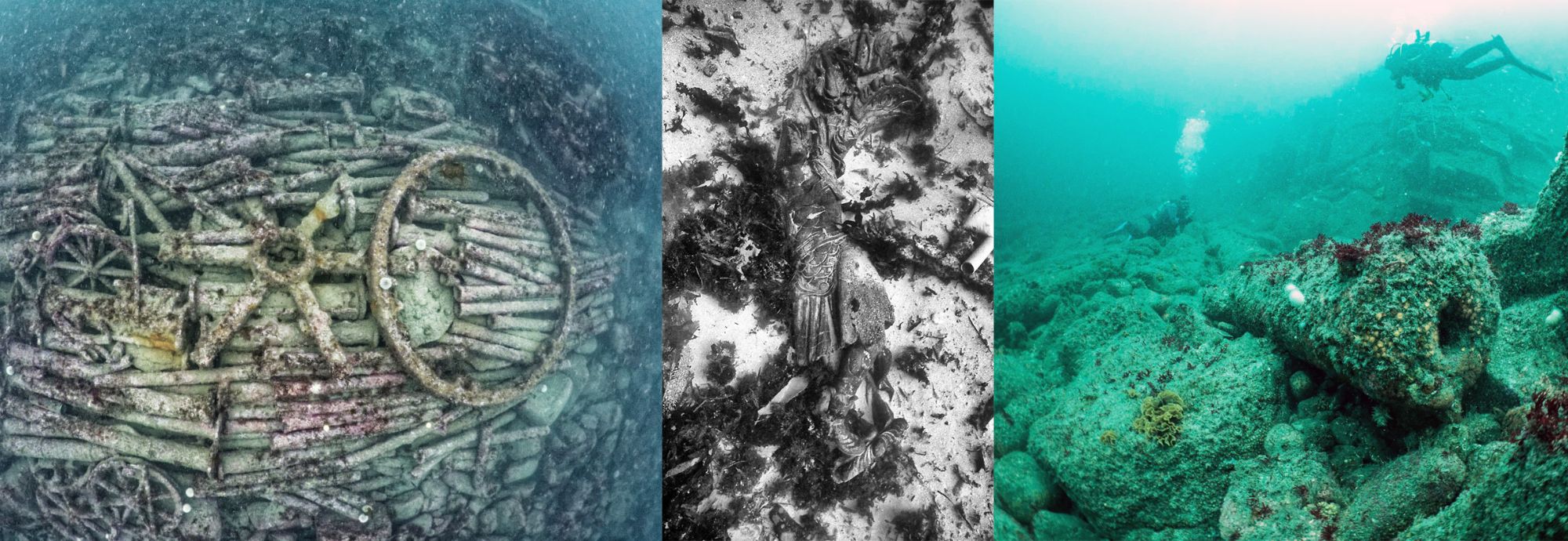 Three images of shipwrecks underwater.