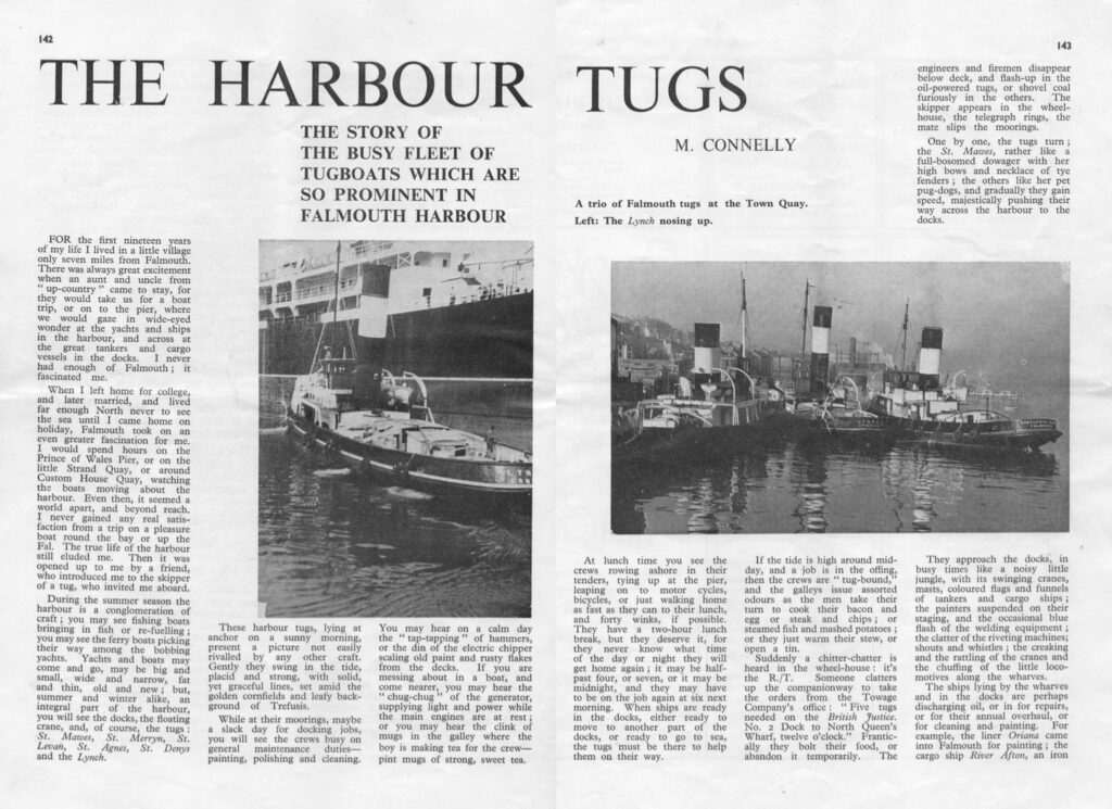 Scans of the first two pages of an article titled 'The Harbour Tugs', from the September 1964 edition of Cornish Magazine.