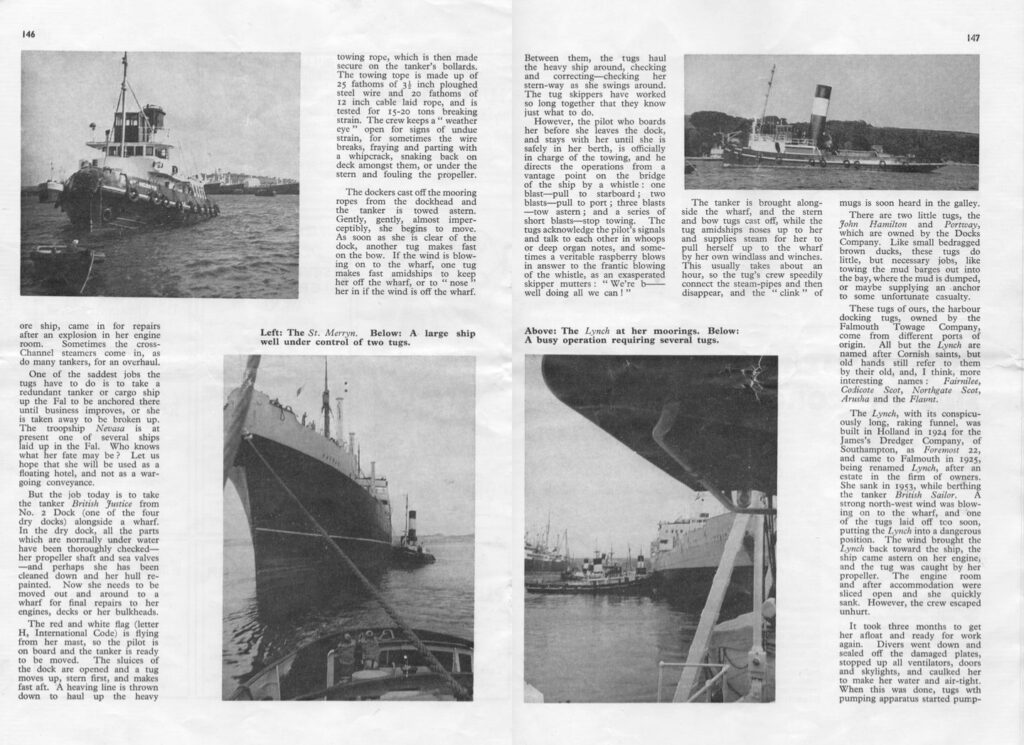 Scans of two pages of an article titled 'The Harbour Tugs', from the September 1964 edition of Cornish Magazine.