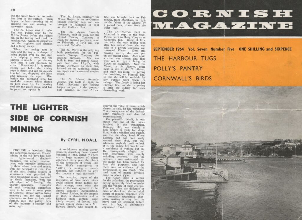 A scan of the final page of an article titled 'The Harbour Tugs', from the September 1964 edition of Cornish Magazine. Beside it is a scan of the front cover, featuring a photo of Falmouth Harbour looking across to the Greenbank Hotel.