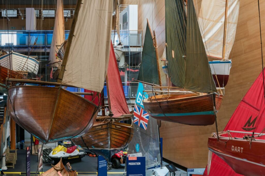 A photo of the hanging boats at National Maritime Museum Cornwall.