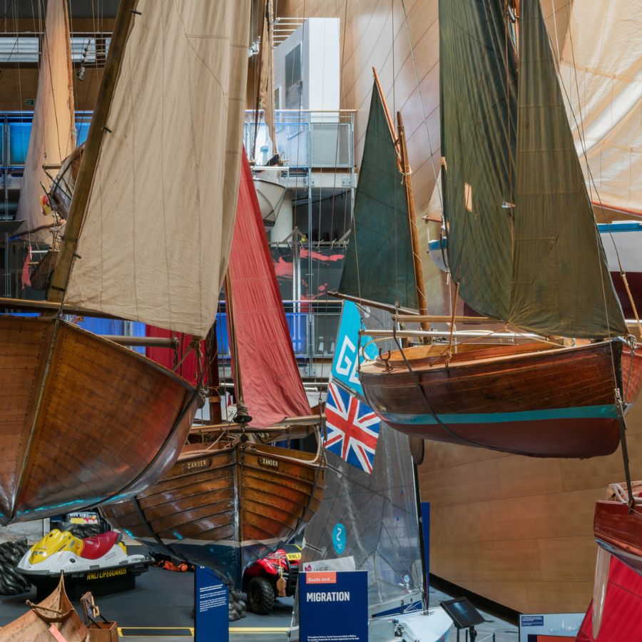 A photo of the hanging boats at National Maritime Museum Cornwall.