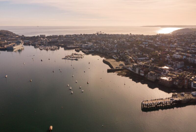 An aerial view of Falmouth at sunset.