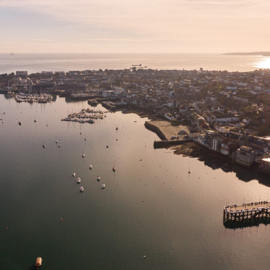 An aerial view of Falmouth at sunset.