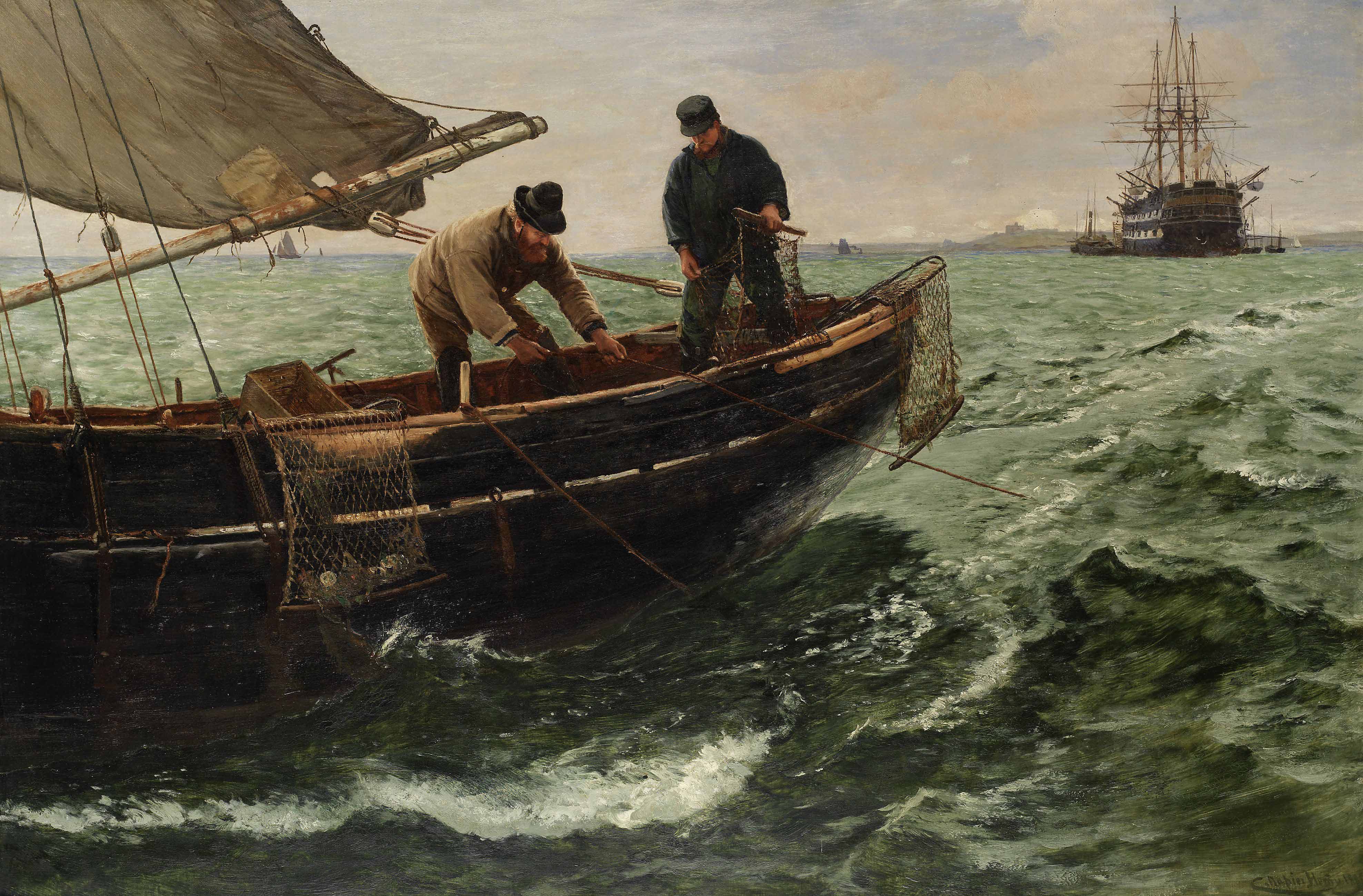 A landscape painting of two fishermen working on a boat at sea. There is a large sail ship in the background.