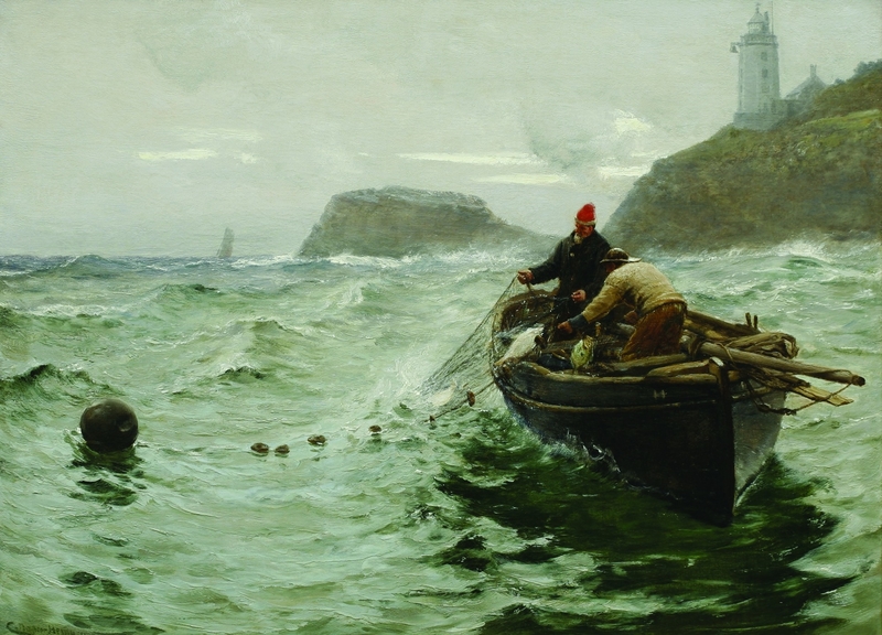 A landscape painting of two fisherman in a boat pulling in a fishing net at sea with St Anthony's lighthouse in the background.