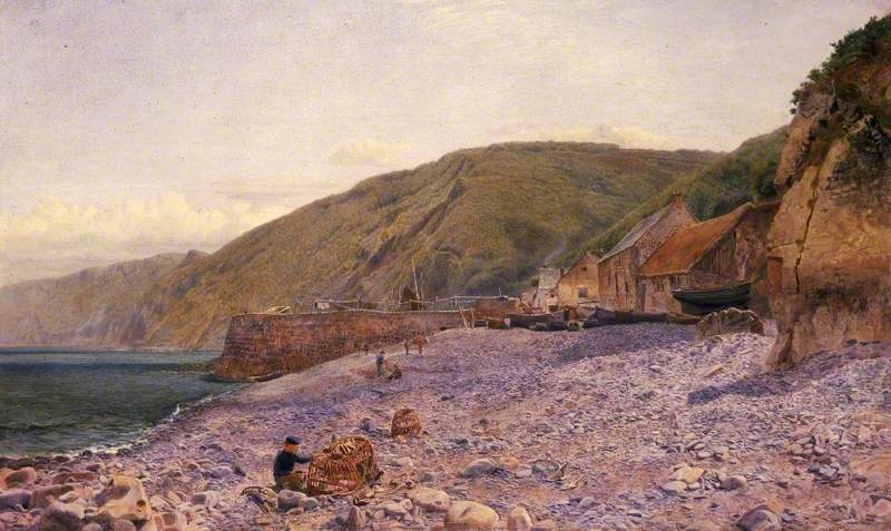 A landscape painting of Clovelly. In the foreground is a shingle beach with a person attending to a traditional lobster pot, in the background is the harbour and the cliffs beyond that.