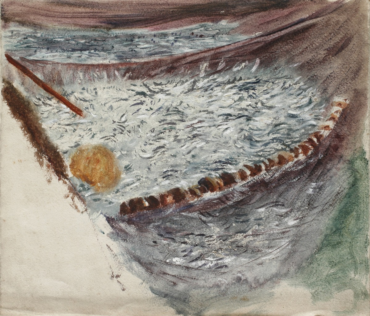 A painting of a large fishing net full of fish.