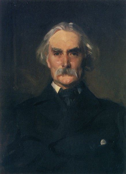 A portrait painting of Hemy. Hemy has grey hair, a grey moustache and is wearing black.