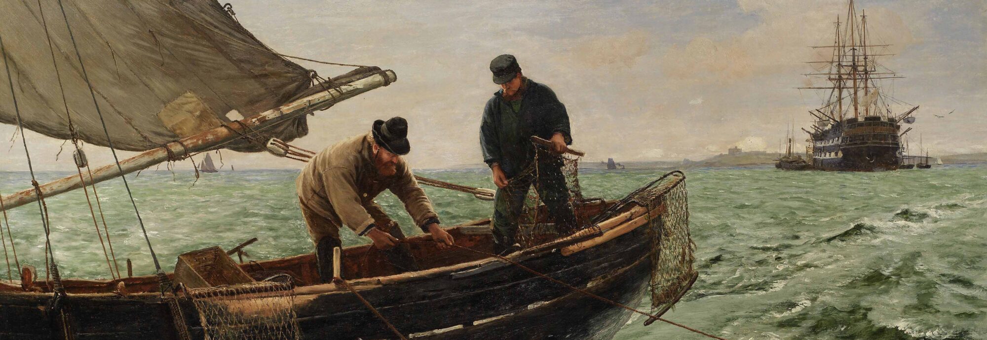 A landscape painting of two fishermen working on a boat at sea. There is a large sail ship in the background.