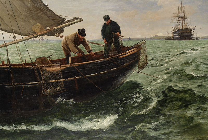 A landscape painting of two fishermen working on a boat at sea. There is a large sail ship in the background.