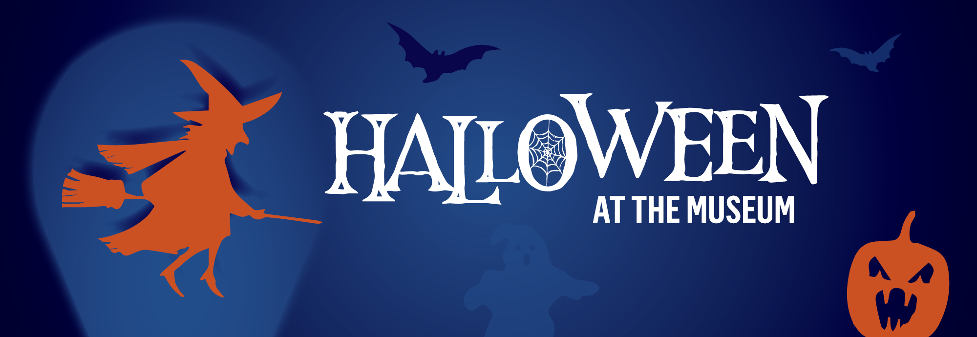 White text reads 'Halloween at the Museum'. The background is a dark blue colour, with orange silhouettes of a witch riding a broom, and a pumpkin with a face carved into it.