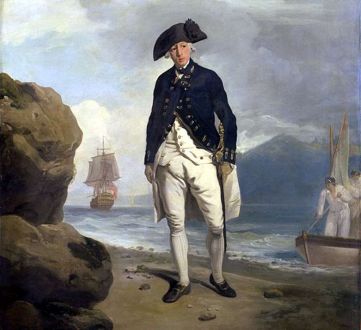 A painted portrait of Governor Arthur Philip from 1786. He stands on the shore with the sea behind him.