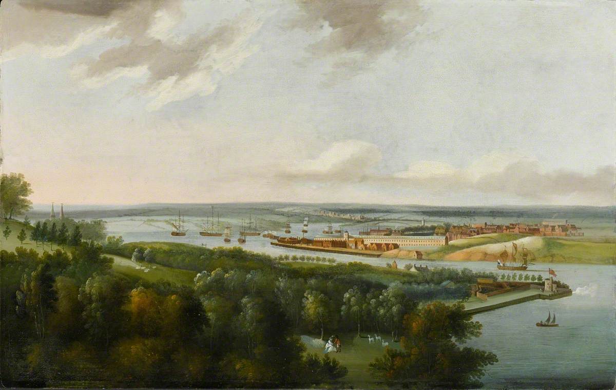 A painting of Hamoaze, an estuary flowing past the Naval dockyard.