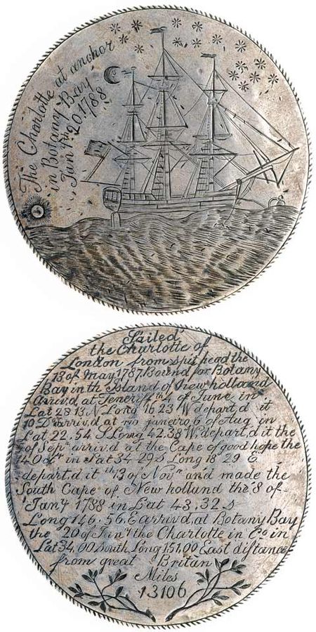 A photo showing both sides of a silver medal. One side has an engraving of a ship and the other is inscribed with the journal of the voyage.