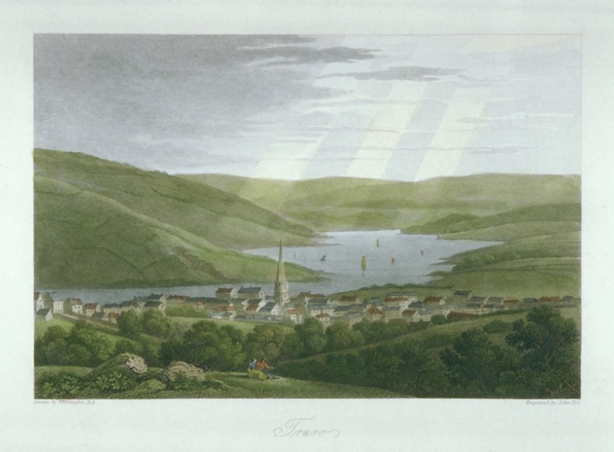 A painting from 1813 of Truro surrounded by green hills.