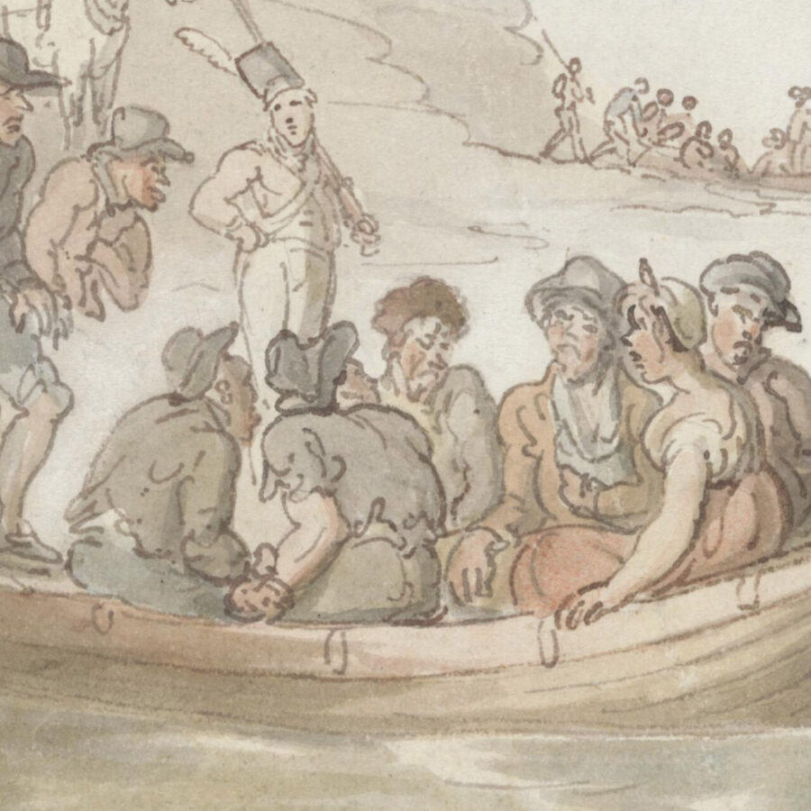 A painting of convicts embarking for Botany Bay.