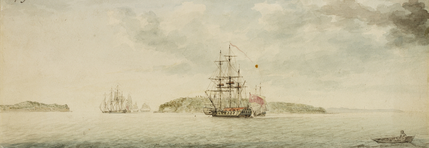 A painting on a moored wooden ship with land in the background.