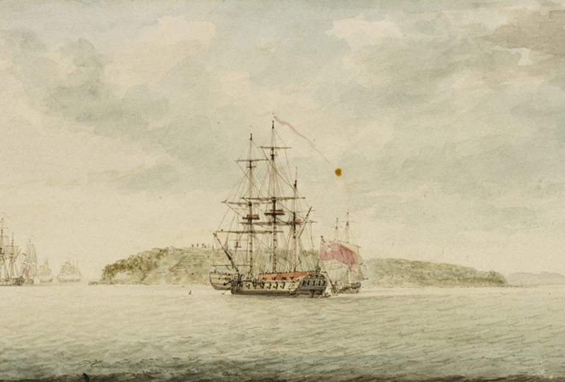 A painting on a moored wooden ship with land in the background.