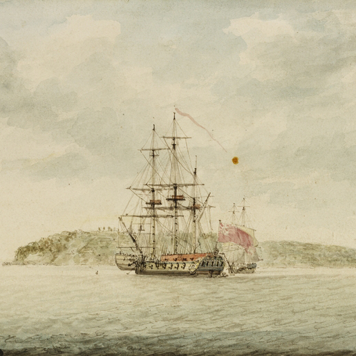 A painting on a moored wooden ship with land in the background.