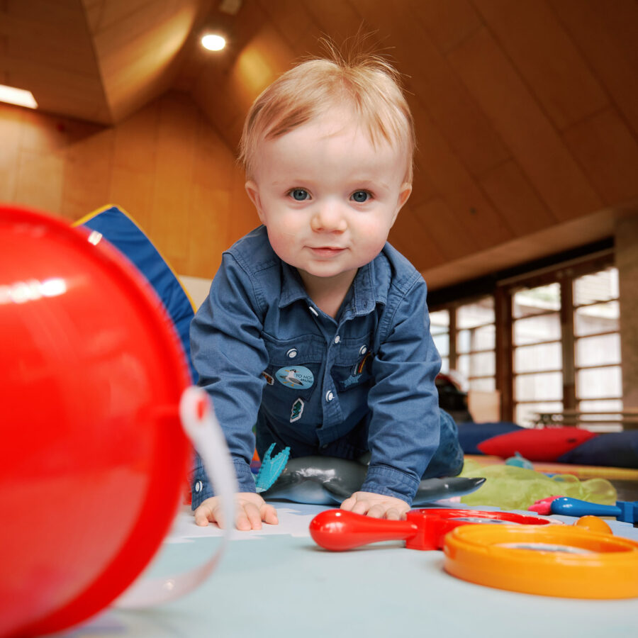 A small child looks at the camera, surrounded by toys.